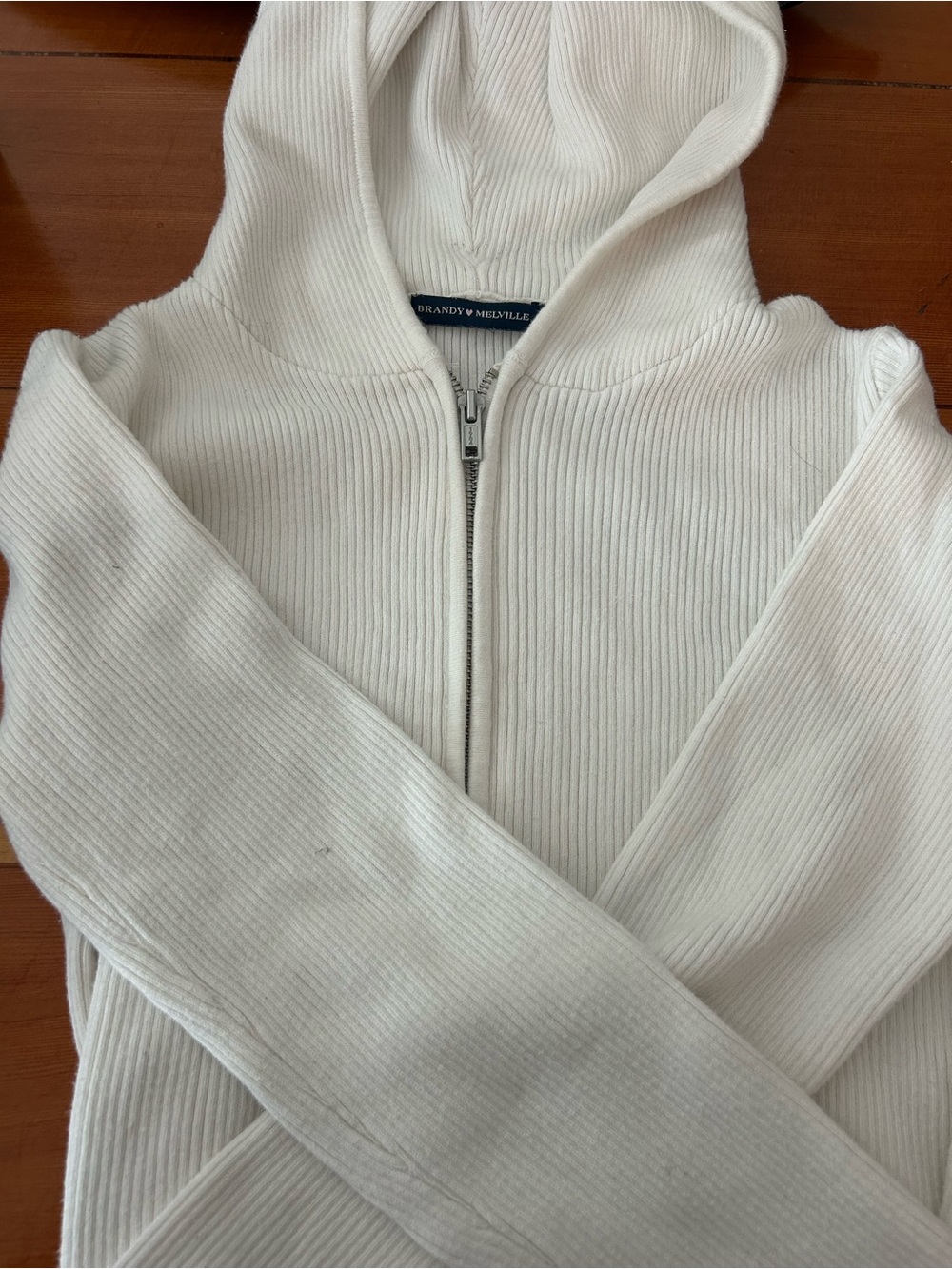 Brandy Melville Cream Ribbed Zip-Up Hoodie